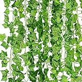 KASZOO Efeu Künstlich Girlande, 12 Stück Grün Efeu mit Nylon Kabelbinder Pflanzen Efeuranke für Garten Hochzeit Party Wanddekoration